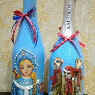Декупаж бутилка шампанско със снежна девица за новата година