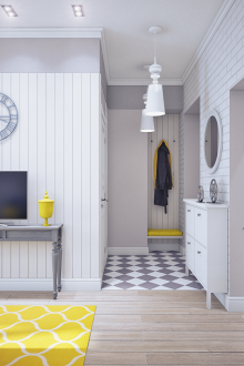 Бяла тухлена стена и панели в коридора