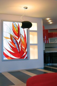 Graphic stained glass in the interior