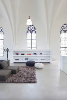 Stained glass arched windows in a modern interior