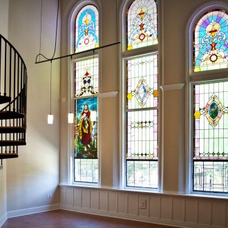 Arched stained glass windows