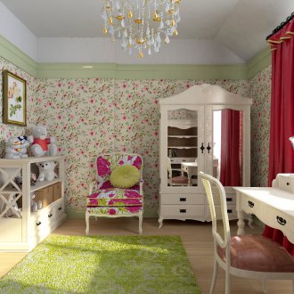 Bilik kanak-kanak gaya Provence dengan kertas dinding