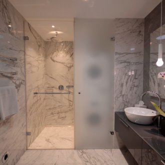 Bilik mandi dengan pancuran mandian dengan pintu