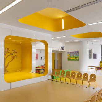 Das Design der Gruppe mit einer Szene im Kindergarten