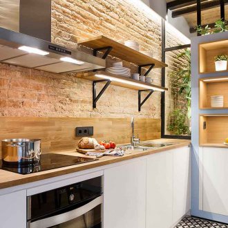 Reka bentuk dapur kecil dalam gaya perindustrian