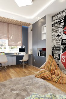 Reka bentuk bilik kanak-kanak untuk dua kanak-kanak lelaki dengan kertas dinding foto