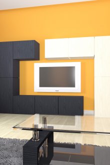 Оранжеви, черни и бели цветове в хола.