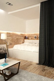 Bilik tidur di pangsapuri studio dengan partition tekstil