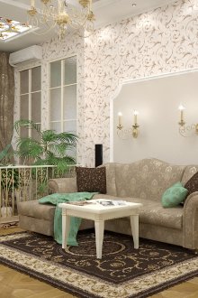 Комбинацията от обикновен и флорален тапет в класическия интериор на хола-трапезарията