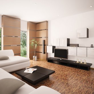 Телевизор в просторния и светъл бежов и кафяв хол