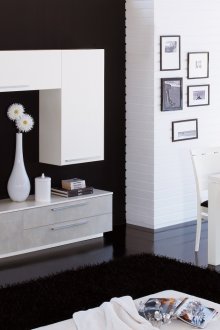 Контрастен интериор за хол и кухня