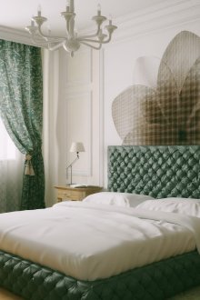 Бяло-зелена малка спалня