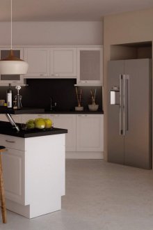 Reka bentuk dapur dengan monokrom kaunter bar