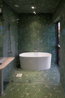 Баня в модерен стил с плочки и геометрични шарки