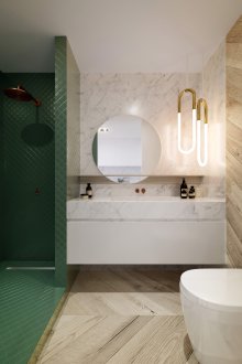 Баня в модерен стил със зелени плочки