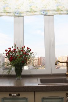 Кафява мивка до прозореца в кухнята