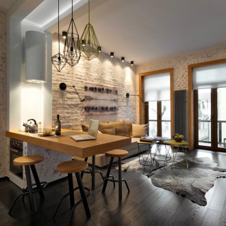 Apartmen studio 40 meter persegi dengan trim bata