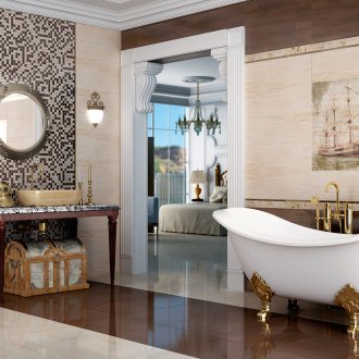 Mosaic untuk menghiasi dinding di belakang cermin bilik mandi