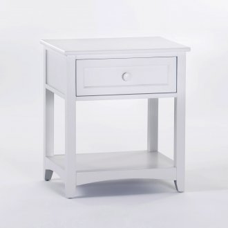 White wooden bedside table with drawer