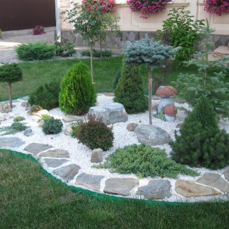 Красива иглолистна композиция, украсена с камъни