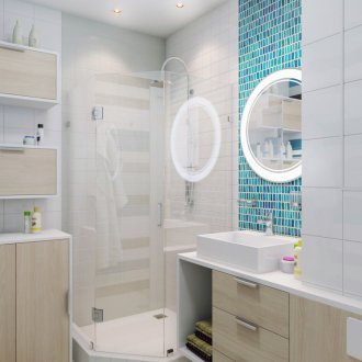 Pancuran kaca penjuru di dalam bilik mandi yang kecil