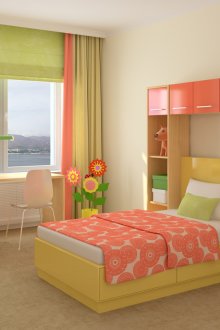 Зелено-коралови завеси в детската стая за момичето