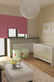 Розови завеси с бели полка точки в детска стая