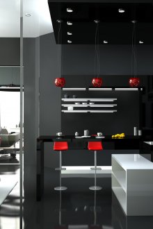 Тъмна кухня в хай-тек с червени и бели акценти