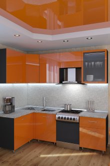 Малка черна и оранжева кухня с високи технологии