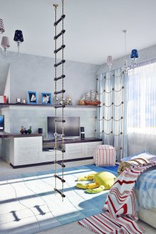 Голяма детска стая с въжени стълби в морски стил