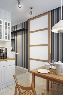 Сив и черен райета тапет в кухнята