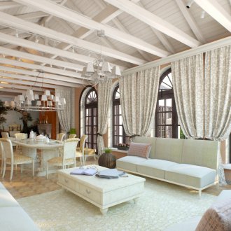 Прасковени стени в трапезарията-хол в италиански стил