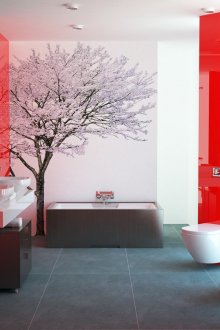 Jubin merah dan putih di bilik mandi