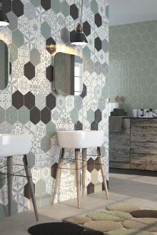 Susun atur jubin heksagon di dalam bilik mandi