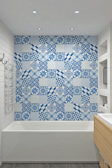 Susun atur jubin putih dan biru di bilik mandi