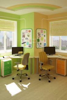 Комбинацията от зелено и оранжево в детската стая