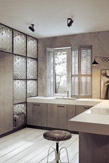 Сива декоративна мазилка в кухнята