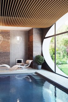 Басейн в стаята с голям прозорец