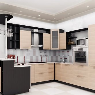 Кремообразен черен модерен ъглов кухненски комплект