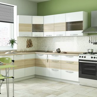 Ъглов кремообразен бял кухненски комплект