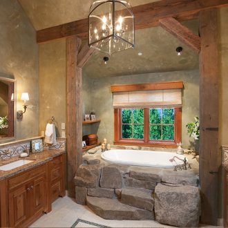 Kitchen without top cabinets in country style