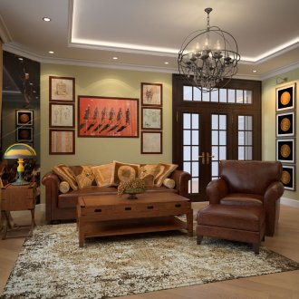 Колониална кафява маслинова всекидневна