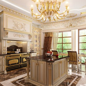 Large windows in the Empire style kitchen