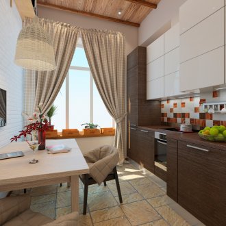 Бели, оранжеви и кафяви плочки за престилка в кухнята