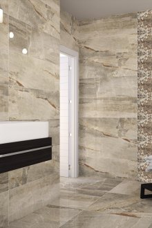 Marmer kelabu dan jubin berpola di bilik mandi