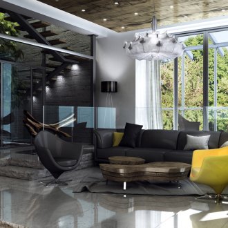 Schwarzes und graues industrielles Artwohnzimmer