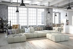 White and gray industrial living room interior