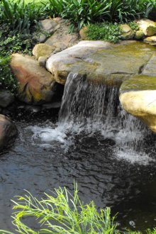 Low waterfall at the pond in the country
