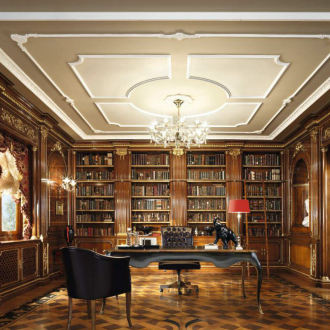 Библиотечен шкаф с тапицерия от дървена стена