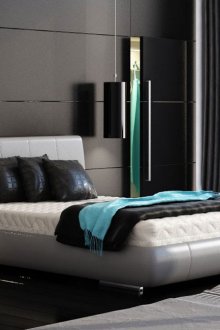 Спалня в тъмни цветове с тюркоазени акценти.